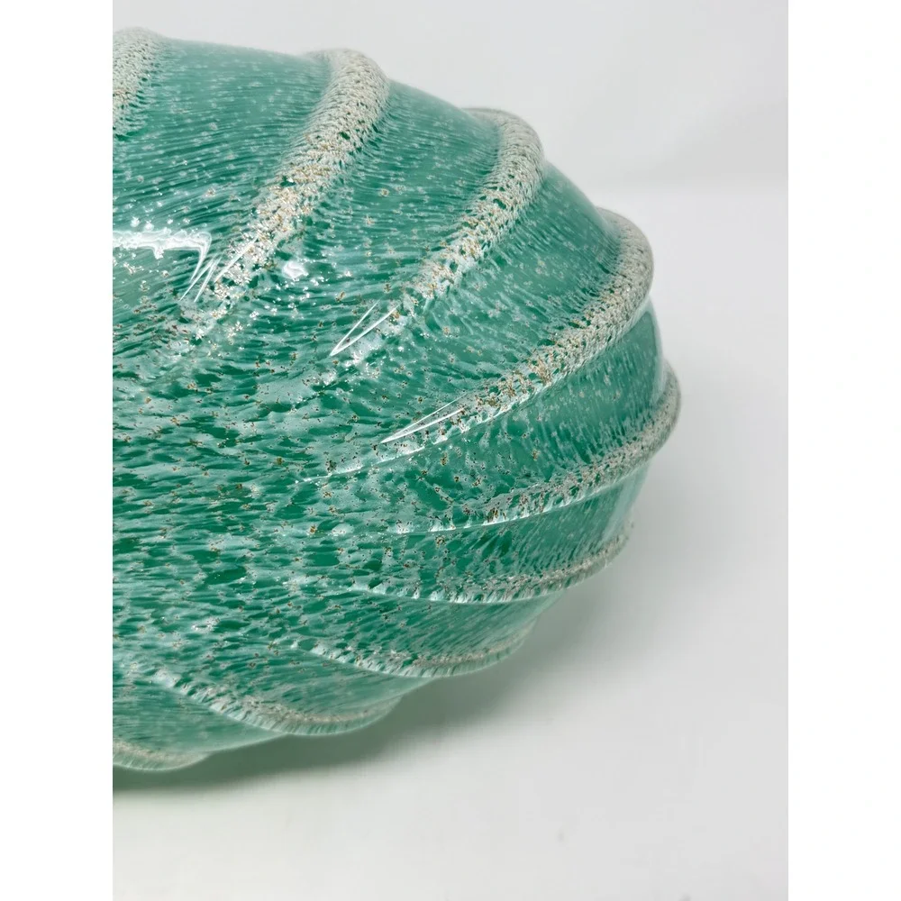 Art Glass Ribbed Urchin Vase 17x11 Teal Green Gold Fleck Coastal MCM Decor